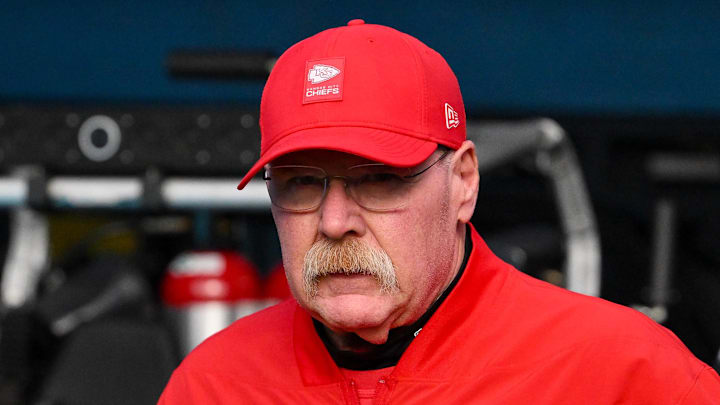 Dec 21, 2025; Nashville, Tennessee, USA;  Kansas City Chiefs head coach Andy Reid walks to the field against the Tennessee Titans during pre-game warmups at Nissan Stadium. Mandatory Credit: Steve Roberts-Imagn Images