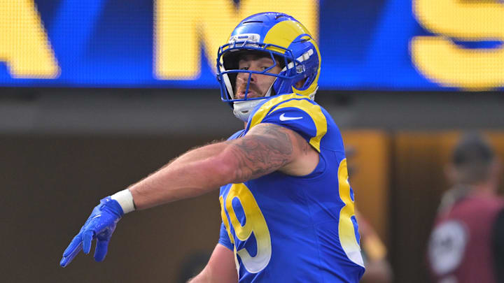 Nov 2, 2025; Inglewood, California, USA; Los Angeles Rams tight end Tyler Higbee (89) spikes the ball after scoring a touchdown against the New Orleans Saints during the first half at SoFi Stadium. Mandatory Credit: Jayne Kamin-Oncea-Imagn Images