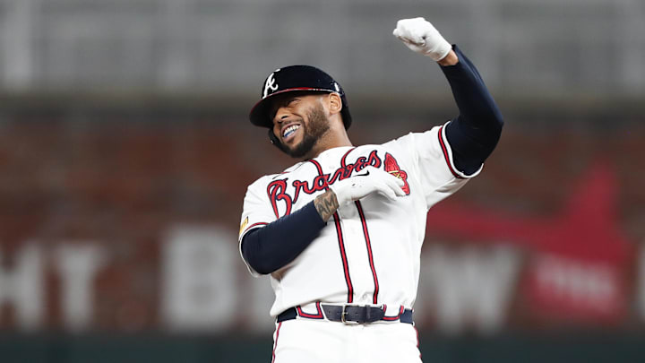 Apr 14, 2026; Cumberland, Georgia, USA; Atlanta Braves designated hitter Dominic Smith (8) reacts to his a three-run double against the Miami Marlins in the eight inning at Truist Park. Mandatory Credit: Mady Mertens-Imagn Images Apr 14, 2026; Cumberland, Georgia, USA; Atlanta Braves designated hitter Dominic Smith (8) reacts to his a three-run double against the Miami Marlins in the eight inning at Truist Park. Mandatory Credit: Mady Mertens-Imagn Images