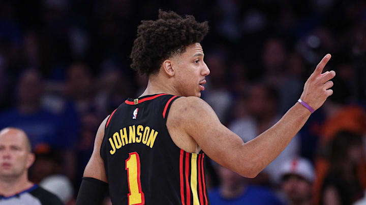 Atlanta Hawks forward Jalen Johnson (1) reacts after being called for a foul during the second half of the 2026 NBA Playoffs against the New York Knicks at Madison Square Garden on April 18, 2026.