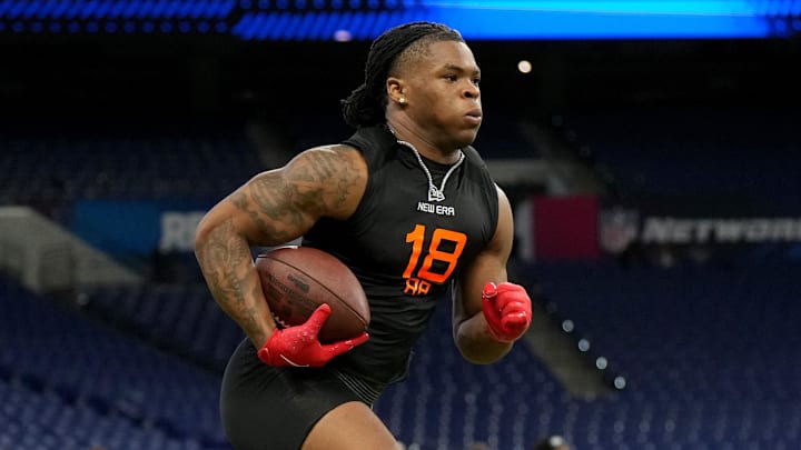 Mar 1, 2025; Indianapolis, IN, USA; Ohio State running back Quinshon Judkins (RB18) during the 2025 NFL Combine at Lucas Oil Stadium. Mandatory Credit: Kirby Lee-Imagn Images