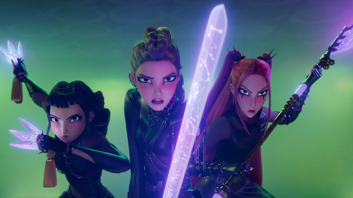 (L-R) Zoey (voice by JI-YOUNG YOO), Rumi (voice by ARDEN CHO) and Mira (voice by MAY HONG) in KPop Demon Hunters