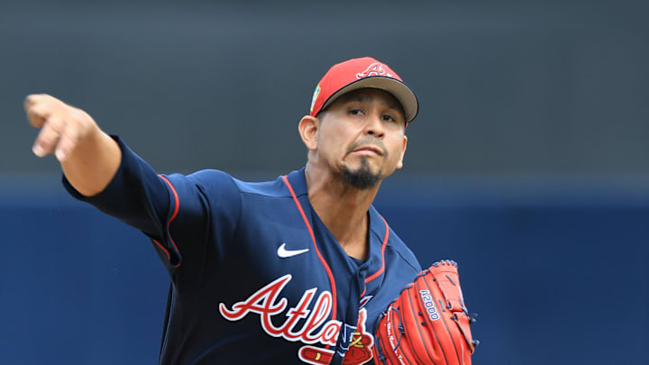 Feb 26, 2026; Tampa, Florida, USA; Atlanta Braves starting pitcher Carlos Carrasco (59) throws a pitch during the first inning against the New York Yankees at George M. Steinbrenner Field. Mandatory Credit: Kim Klement Neitzel-Imagn Images Feb 26, 2026; Tampa, Florida, USA; Atlanta Braves starting pitcher Carlos Carrasco (59) throws a pitch during the first inning against the New York Yankees at George M. Steinbrenner Field. Mandatory Credit: Kim Klement Neitzel-Imagn Images