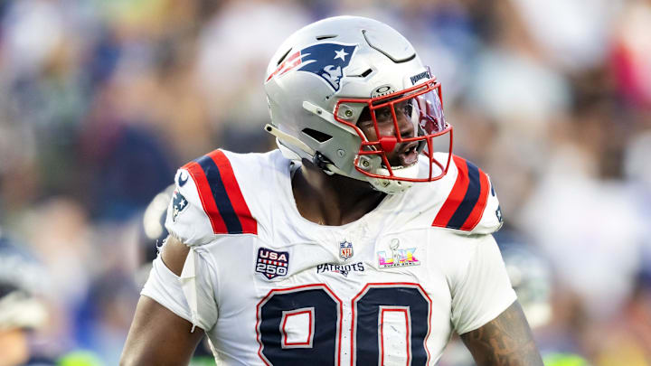 Feb 8, 2026; Santa Clara, CA, USA; New England Patriots defensive tackle Christian Barmore (90) against the Seattle Seahawks during Super Bowl LX at Levi's Stadium. Mandatory Credit: Mark J. Rebilas-Imagn Images