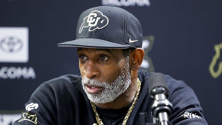 Apr 4, 2025; Boulder, CO, USA; Colorado Buffaloes head coach Deion Sanders speaks to the media at the University of Colorado NFL Showcase at the CU Indoor Practice Facility. Mandatory Credit: Michael Ciaglo-Imagn Images