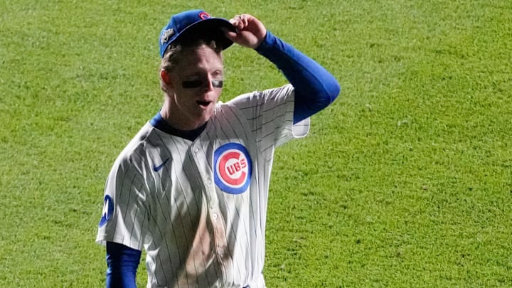 Oct 8, 2025; Chicago, Illinois, USA; Chicago Cubs center fielder Pete Crow-Armstrong (4) celebrates after defeating the Milwaukee Brewers in game three of the NLDS round for the 2025 MLB playoffs at Wrigley Field. Mandatory Credit: David Banks-Imagn Images