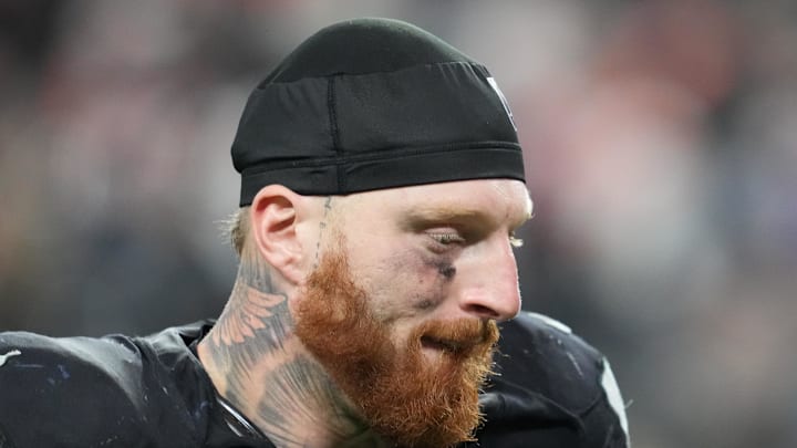 Dec 7, 2025; Paradise, Nevada, USA;  Las Vegas Raiders defensive end Maxx Crosby (98) leaves the field following a game against the Denver Broncos at Allegiant Stadium. Mandatory Credit: Stephen R. Sylvanie-Imagn Images