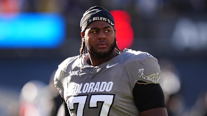 Nov 16, 2024; Boulder, Colorado, USA; Colorado Buffaloes offensive tackle Jordan Seaton (77) looks on before the game against the Utah Utes at Folsom Field. Mandatory Credit: Ron Chenoy-Imagn Images Nov 16, 2024; Boulder, Colorado, USA; Colorado Buffaloes offensive tackle Jordan Seaton (77) looks on before the game against the Utah Utes at Folsom Field. Mandatory Credit: Ron Chenoy-Imagn Images