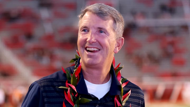 Sep 28, 2024; Salt Lake City, Utah, USA; Arizona Wildcats head coach Brent Brennan before a game against the Utah Utes at Rice-Eccles Stadium