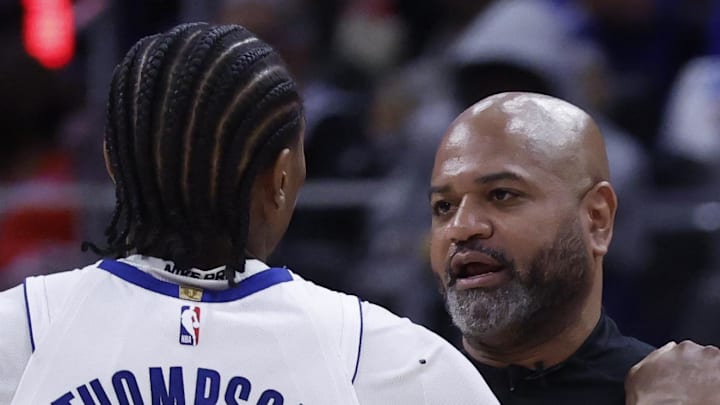Apr 29, 2026; Detroit, Michigan, USA; Detroit Pistons head coach J.B. Bickerstaff talks to guard Ausar Thompson (9): Rick Osentoski-Imagn Images