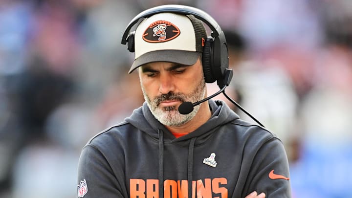 Nov 3, 2024; Cleveland, Ohio, USA; Cleveland Browns head coach Kevin Stefanski reacts during the second half against the Los Angeles Chargers at Huntington Bank Field. Mandatory Credit: Ken Blaze-Imagn Images