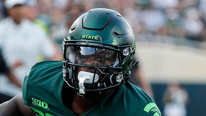 Michigan State wide receiver Germie Bernard (5) runs for a first down against Akron during the second half at Spartan Stadium in East Lansing on Saturday, Sept. 10, 2022.