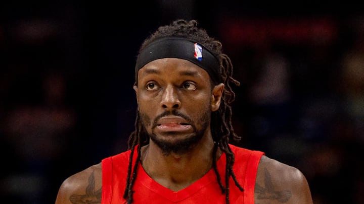 Dec 11, 2025; New Orleans, Louisiana, USA;  Portland Trail Blazers forward Jerami Grant (9) reacts to a play against the New Orleans Pelicans during the first half at Smoothie King Center. Mandatory Credit: Stephen Lew-Imagn Images