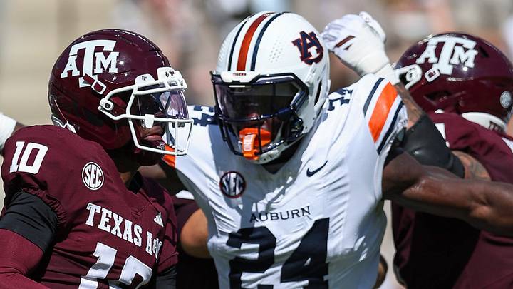 Sep 27, 2025; College Station, Texas, USA; Texas A&M Aggies quarterback Marcel Reed (10) looks for an open receiver as Auburn Tigers defensive end Keyron Crawford (24) applies defensive pressure during the second quarter at Kyle Field. Mandatory Credit: Troy Taormina-Imagn Images Sep 27, 2025; College Station, Texas, USA; Texas A&M Aggies quarterback Marcel Reed (10) looks for an open receiver as Auburn Tigers defensive end Keyron Crawford (24) applies defensive pressure during the second quarter at Kyle Field. Mandatory Credit: Troy Taormina-Imagn Images