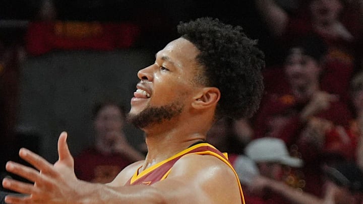 Iowa State Cyclones forward Joshua Jefferson (5) celebrates after winning 66-62 over Iowa in the men’s basketball Cy-Hawk series on Dec. 11, 2025, in Ames, Iowa.