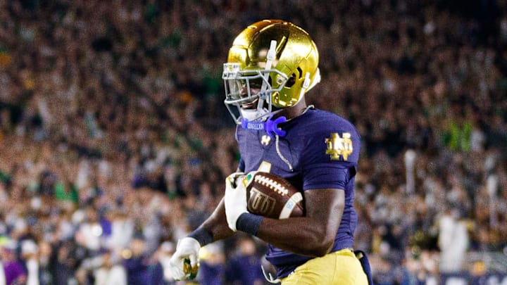 Notre Dame running back Jeremiyah Love (4) runs the ball into the end zone for a touchdown in the first half of a NCAA football game against Southern California at Notre Dame Stadium on Saturday, Oct. 18, 2025, in South Bend. Notre Dame running back Jeremiyah Love (4) runs the ball into the end zone for a touchdown in the first half of a NCAA football game against Southern California at Notre Dame Stadium on Saturday, Oct. 18, 2025, in South Bend.