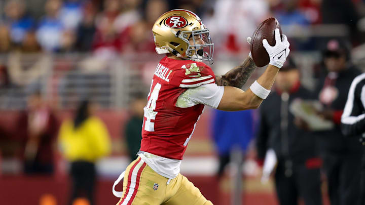 Dec 30, 2024; Santa Clara, California, USA; San Francisco 49ers wide receiver Ricky Pearsall (14) during the game against the Detroit Lions at Levi's Stadium. Mandatory Credit: Sergio Estrada-Imagn Images