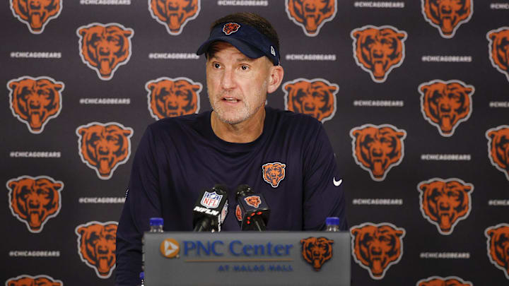 Jul 23, 2025; Lake Forest, IL, USA; Chicago Bears defensive coordinator Dennis Allen speaks during training camp at Halas Hall. Mandatory Credit: Kamil Krzaczynski-Imagn Images