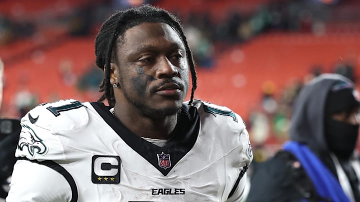 Dec 20, 2025; Landover, Maryland, USA; Philadelphia Eagles wide receiver A.J. Brown (11) leaves the field after the game against the Washington Commanders at Northwest Stadium. Mandatory Credit: Geoff Burke-Imagn Images