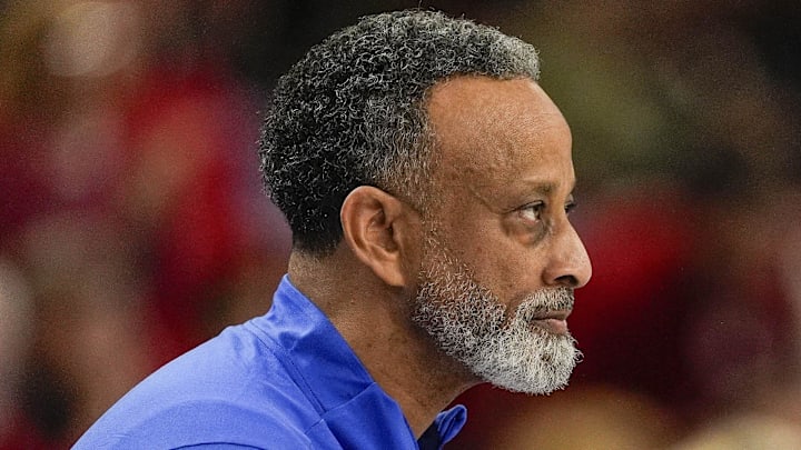 Mar 7, 2025; Greenville, SC, USA; Kentucky Wildcats head coach Kenny Brooks watches his team during the second half against the Oklahoma Sooners at Bon Secours Wellness Arena. Mandatory Credit: Jim Dedmon-Imagn Images