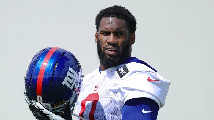 New York Giants linebacker Brian Burns looks on during training camp New York Giants linebacker Brian Burns looks on during training camp