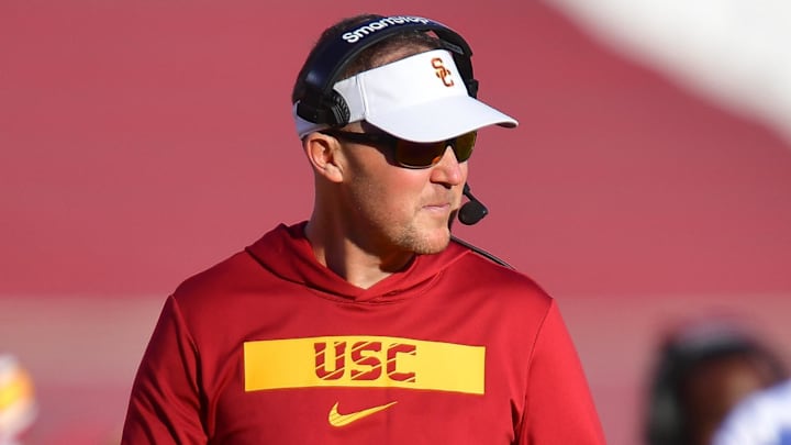 Nov 16, 2024; Los Angeles, California, USA; Southern California Trojans head coach Lincoln Riley watches game action against the Nebraska Cornhuskers during the second half at the Los Angeles Memorial Coliseum. Mandatory Credit: Gary A. Vasquez-Imagn Images