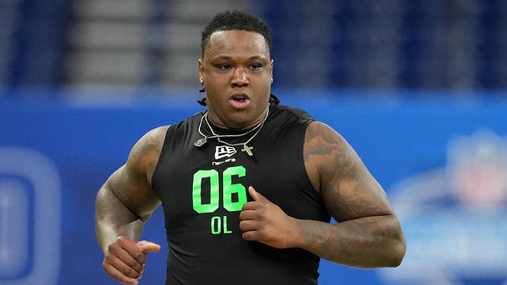 Mar 1, 2026; Indianapolis, IN, USA;  Boston College offensive lineman Jude Bowry (OL06) during the NFL Scouting Combine at Lucas Oil Stadium. Mandatory Credit: Kirby Lee-Imagn Images