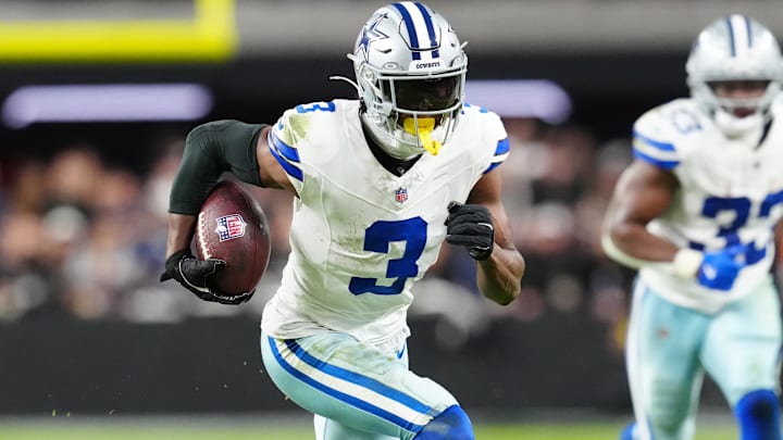 Dallas Cowboys wide receiver George Pickens runs to score a touchdown during the first half against the Las Vegas Raiders.