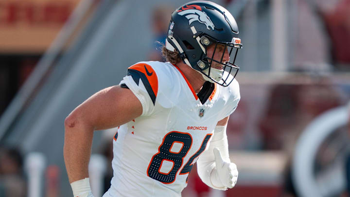 August 9, 2025; Santa Clara, California, USA; Denver Broncos tight end Caleb Lohner (84) before the game against the San Francisco 49ers at Levi's Stadium. 