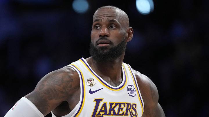 Apr 12, 2026; Los Angeles, California; Los Angeles Lakers forward LeBron James (23) reacts in the first half against the Utah Jazz at Crypto.com Arena. Mandatory Credit: Kirby Lee-Imagn Images