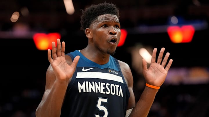 Mar 13, 2026; San Francisco, California, USA; Minnesota Timberwolves guard Anthony Edwards (5) reacts after the Timberwolves were called for a foul against the Golden State Warriors in the fourth quarter at the Chase Center. Mandatory Credit: Cary Edmondson-Imagn Images