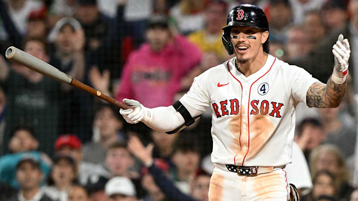 Boston Red Sox outfielder Jarren Duran (16) reacts after striking out against the Los Angeles Angels during the eighth inning at Fenway Park.