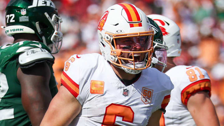 Sep 21, 2025; Tampa, Florida, USA; Tampa Bay Buccaneers quarterback Baker Mayfield (6) reacts after a ply against the New York Jets in the fourth quarter at Raymond James Stadium. Mandatory Credit: Nathan Ray Seebeck-Imagn Images