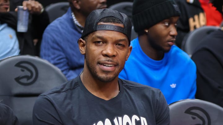 Dec 28, 2022; Atlanta, Georgia, USA; Former NBA player Joe Johnson before a game between the Brooklyn Nets the Atlanta Hawks at State Farm Arena. Mandatory Credit: Brett Davis-Imagn Images