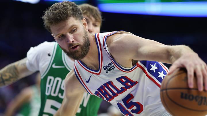 Oct 16, 2026; Philadelphia, Pennsylvania, USA; Philadelphia 76ers forward Dean Wade (45) drives against the Boston Celtics at Xfinity Mobile Arena. 