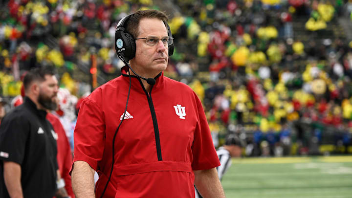 Indiana coach Curt Cignetti watches game play against the Oregon Ducks on Oct. 11, 2025, at Autzen Stadium in Eugene.