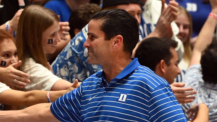 Dec 9, 2023; Durham, North Carolina, USA; Duke Blue Devils new football head coach Manny Diaz greets fans during the second half at Cameron Indoor Stadium. Mandatory Credit: Rob Kinnan-USA TODAY Sports Dec 9, 2023; Durham, North Carolina, USA; Duke Blue Devils new football head coach Manny Diaz greets fans during the second half at Cameron Indoor Stadium. Mandatory Credit: Rob Kinnan-USA TODAY Sports