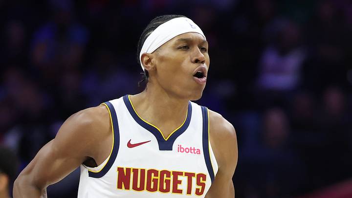 Jan 5, 2026; Philadelphia, Pennsylvania, USA; Denver Nuggets guard Peyton Watson (8) reacts to his score against the Philadelphia 76ers during the first quarter at Xfinity Mobile Arena. Mandatory Credit: Bill Streicher-Imagn Images