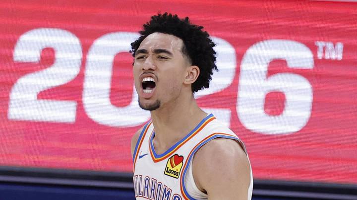 May 26, 2026; Oklahoma City, Oklahoma, USA; Oklahoma City Thunder guard Jared McCain (3) reacts after a basket during the fourth quarter against the San Antonio Spurs in game five of the western conference finals for the 2026 NBA playoffs at Paycom Center. Mandatory Credit: Alonzo Adams-Imagn Images
