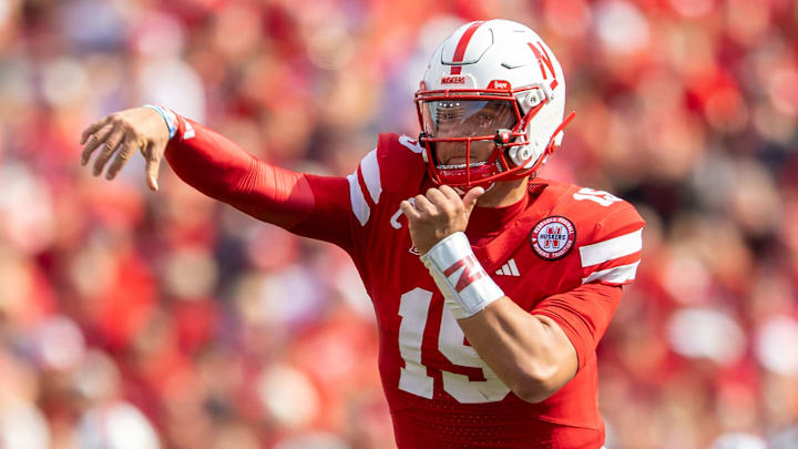 Nebraska quarterback Dylan Raiola throws a first-quarter pass during Nebraska's 59-7 victory against Houston Christian. Nebraska quarterback Dylan Raiola throws a first-quarter pass during Nebraska's 59-7 victory against Houston Christian.