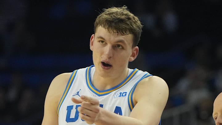 Nov 26, 2024; Los Angeles, California, USA; UCLA Bruins forward Tyler Bilodeau (34) and head coach Mick Cronin react in the first half against the Southern Utah Thunderbirds at Pauley Pavilion presented by Wescom. Mandatory Credit: Kirby Lee-Imagn Images