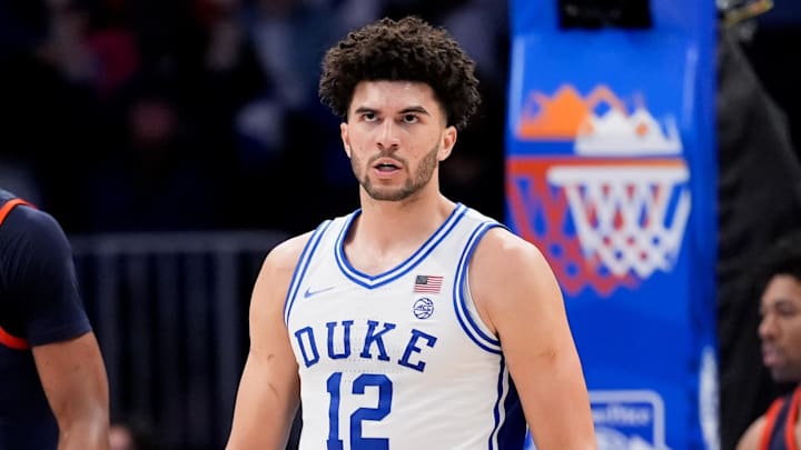 Duke forward Cameron Boozer celebrates during the ACC men’s tournament against Virginia.