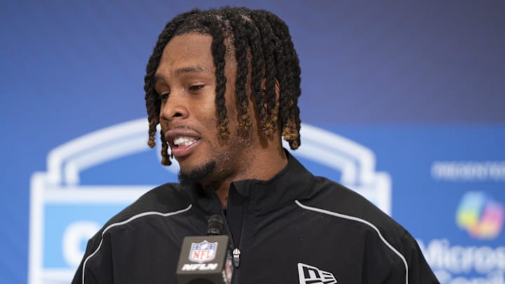 Feb 26, 2026; Indianapolis, IN, USA; Arizona State defensive back Keith Abney II (DB01) speaks to members of the media during the NFL Combine at the Indiana Convention Center. Mandatory Credit: Jacob Musselman-Imagn Images Feb 26, 2026; Indianapolis, IN, USA; Arizona State defensive back Keith Abney II (DB01) speaks to members of the media during the NFL Combine at the Indiana Convention Center. Mandatory Credit: Jacob Musselman-Imagn Images