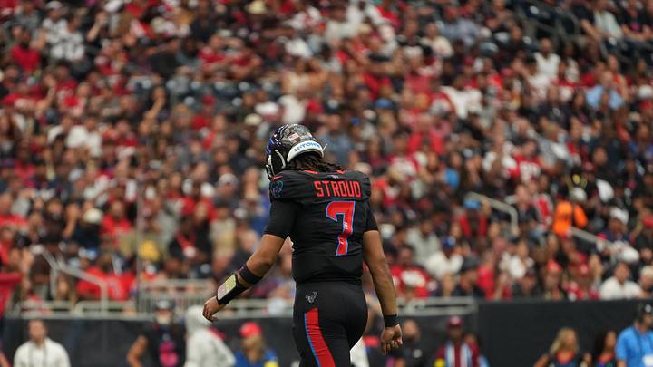 Oct 26, 2025; Houston, Texas, USA; Houston Texans quarterback C.J. Stroud (7) walks downfield during the first quarter against the San Francisco 49ers at NRG Stadium. Mandatory Credit: Sean Thomas-Imagn Images