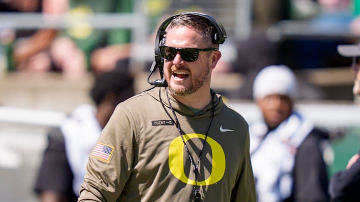 Oregon head coach Dan Lanning walks the field during the Oregon Ducks annual spring game on April 25, 2026 at Autzen Stadium in Eugene, Oregon.