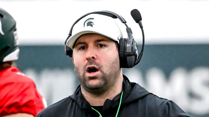 Michigan State's offensive coordinator Nick Sheridan works with the team during spring football practice on Tuesday, March 24, 2026, in East Lansing.