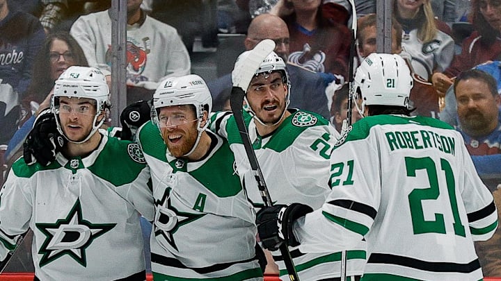 May 13, 2024; Denver, Colorado, USA; Dallas Stars center Wyatt Johnston (53) celebrates his goal with defenseman Miro Heiskanen (4) and center Joe Pavelski (16) and left wing Mason Marchment (27) and left wing Jason Robertson (21) in the second period against the Colorado Avalanche in game four of the second round of the 2024 Stanley Cup Playoffs at Ball Arena. Mandatory Credit: Isaiah J. Downing-Imagn Images