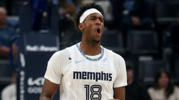 Feb 25, 2026; Memphis, Tennessee, USA; Memphis Grizzlies forward Olivier-Maxence Prosper (18) reacts during the first quarter against the Golden State Warriors at FedExForum. Mandatory Credit: Petre Thomas-Imagn Images Feb 25, 2026; Memphis, Tennessee, USA; Memphis Grizzlies forward Olivier-Maxence Prosper (18) reacts during the first quarter against the Golden State Warriors at FedExForum. Mandatory Credit: Petre Thomas-Imagn Images