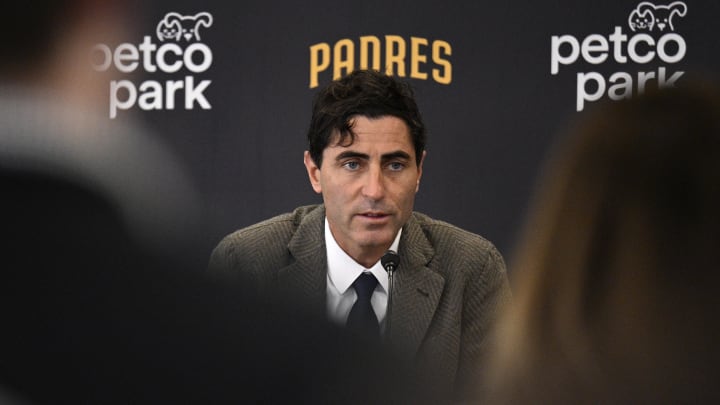 Nov 21, 2023; San Diego, CA, USA; San Diego Padres president of baseball operations and general manager A.J. Preller speaks to the media during a press conference announcing the hiring of manager Mike Shildt (not pictured) at Petco Park. Mandatory Credit: Orlando Ramirez-USA TODAY Sports