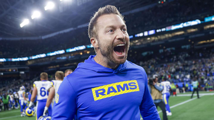 Nov 3, 2024; Seattle, Washington, USA; Los Angeles Rams head coach Sean McVay celebrates following an overtime victory against the Seattle Seahawks at Lumen Field. Mandatory Credit: Joe Nicholson-Imagn Images Nov 3, 2024; Seattle, Washington, USA; Los Angeles Rams head coach Sean McVay celebrates following an overtime victory against the Seattle Seahawks at Lumen Field. Mandatory Credit: Joe Nicholson-Imagn Images